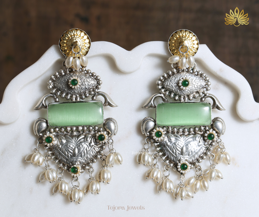 Aaradhya 92.5 Silver Plated Oxidized Earrings | Statement Indian Jhumkas with Rectangular stone and Pearls