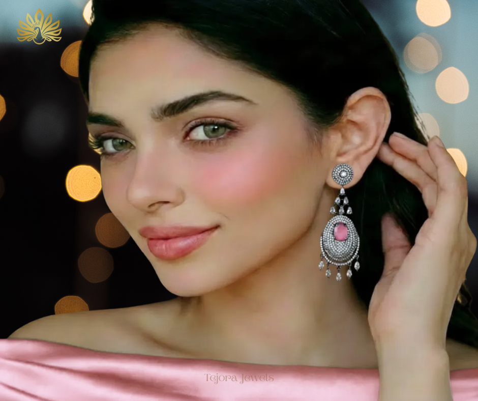 Audrey Black Rhodium Dreamcatcher CZ Drop Earrings - Pink