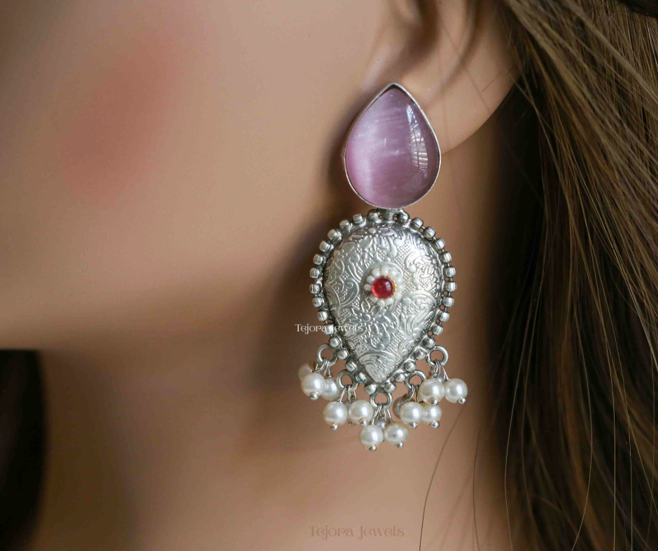 Anvi 92.5 Silver Plated Stone Top Jhumka Style Oxidized Earrings