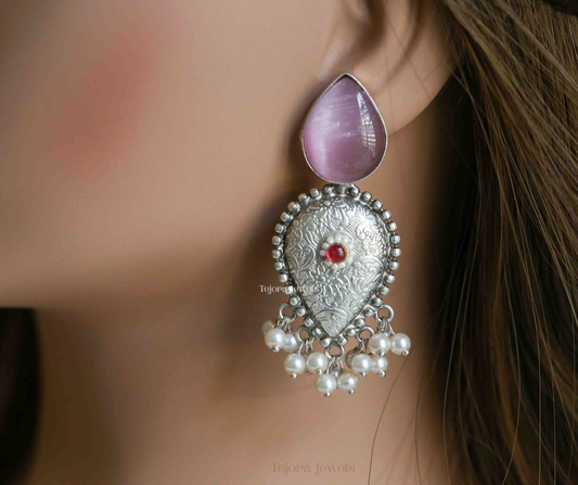 Anvi 92.5 Silver Plated Stone Top Jhumka Style Oxidized Earrings