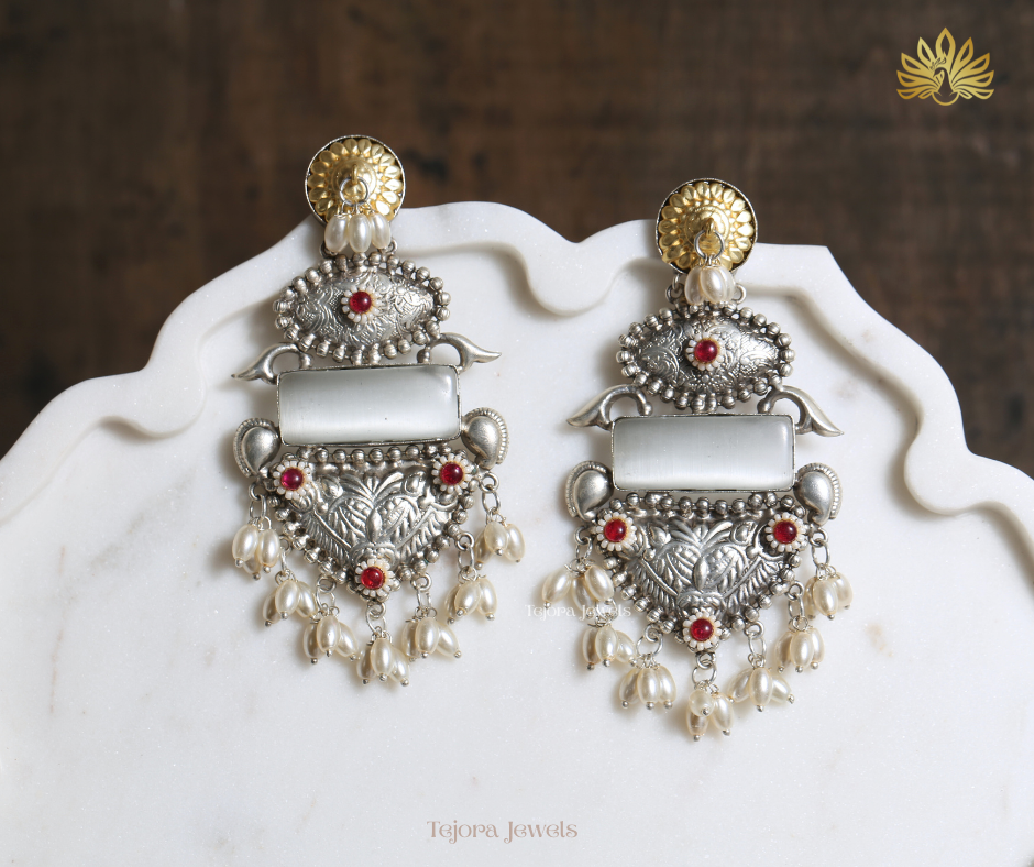 Aaradhya 92.5 Silver Plated Oxidized Earrings | Statement Indian Jhumkas with Rectangular stone and Pearls
